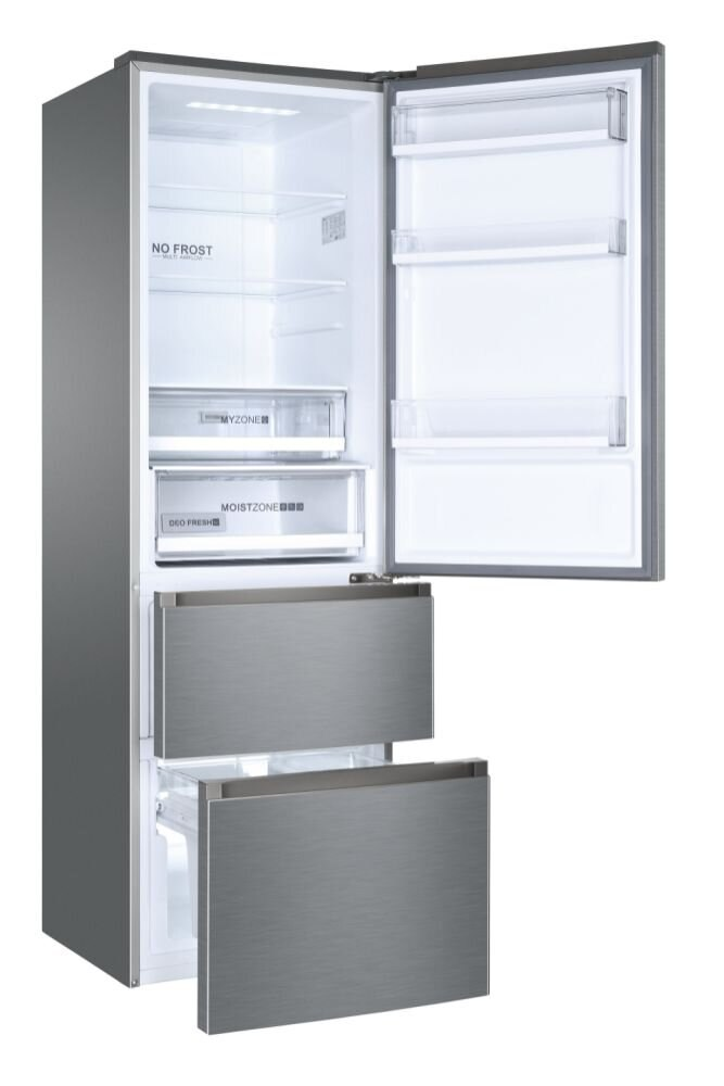 Srebrna lodówka z otwartymi drzwiami, pokazująca półki i szuflady.