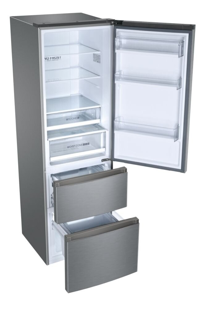 Lodówka ze stali nierdzewnej z otwartymi drzwiami, pokazująca wnętrze.