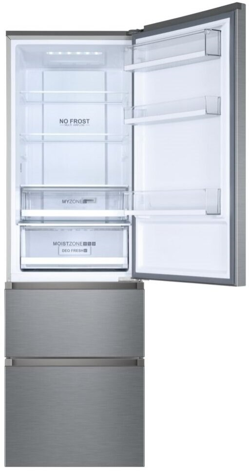 Lodówka ze stali nierdzewnej z otwartymi drzwiami, pokazująca półki, szuflady i etykietę NO FROST.