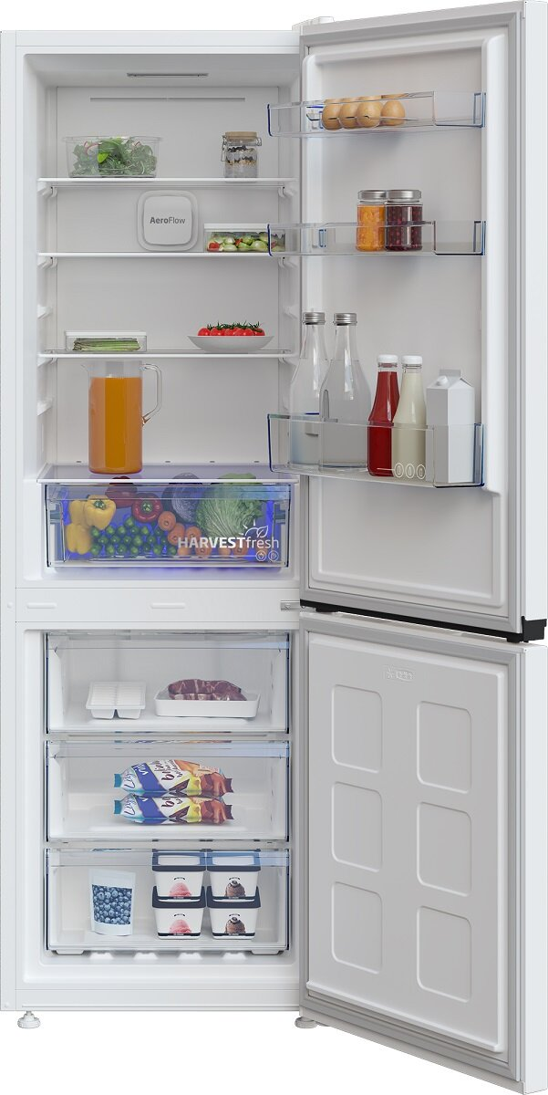 Biała lodówka, otwarta, z produktami spożywczymi w środku.