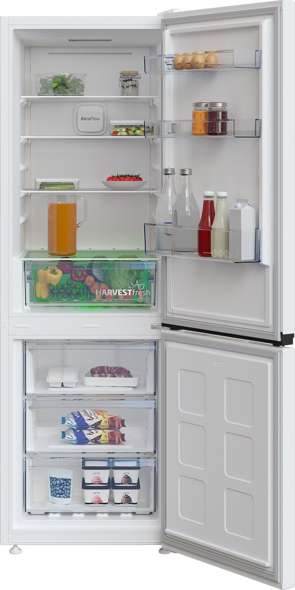 Lodówka z otwartymi drzwiami, pokazująca półki z jedzeniem i napojami.