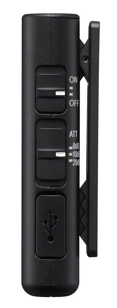 Czarne urządzenie audio z przyciskami i klipsem na białym tle.