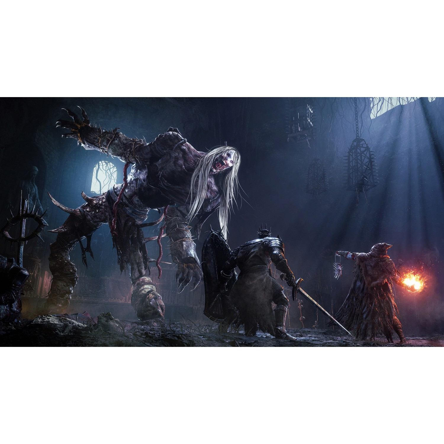 Een donkere fantasie scène met krijgers tegenover een groot monster. De scène is zwak verlicht.