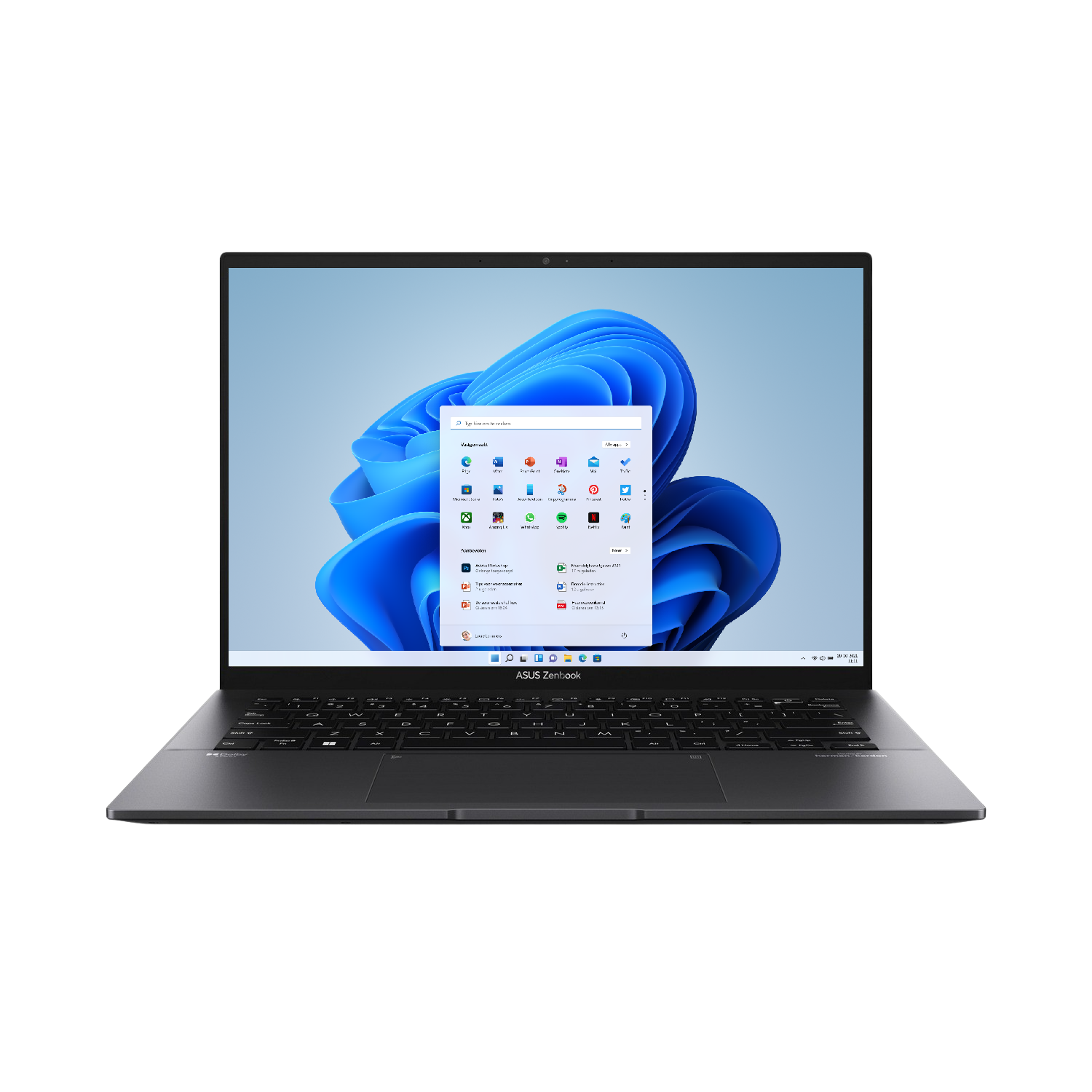 Een grijze laptop met het scherm open dat een Windows 11-interface toont. Zwarte achtergrond.