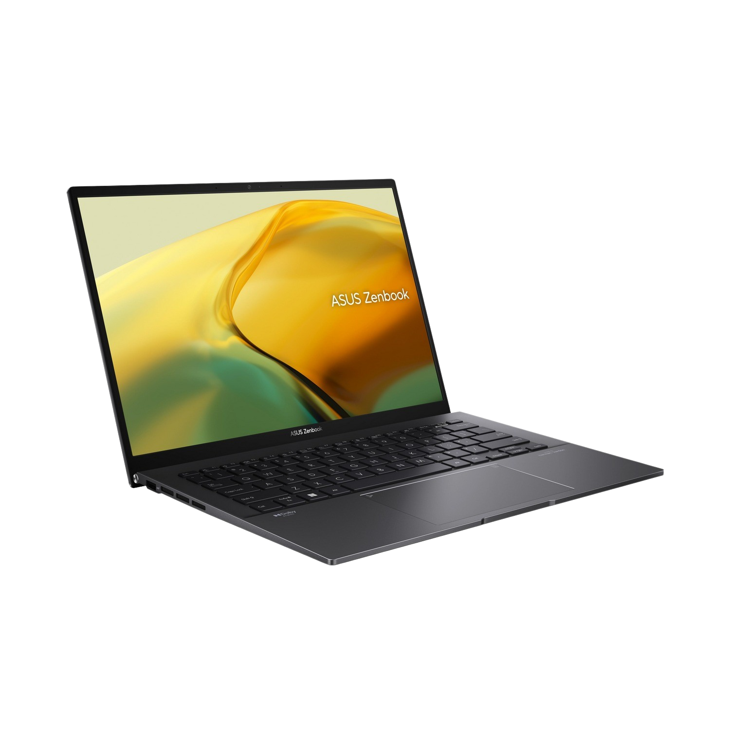 Laptop met open scherm, toetsenbord zichtbaar, ASUS Zenbook logo.