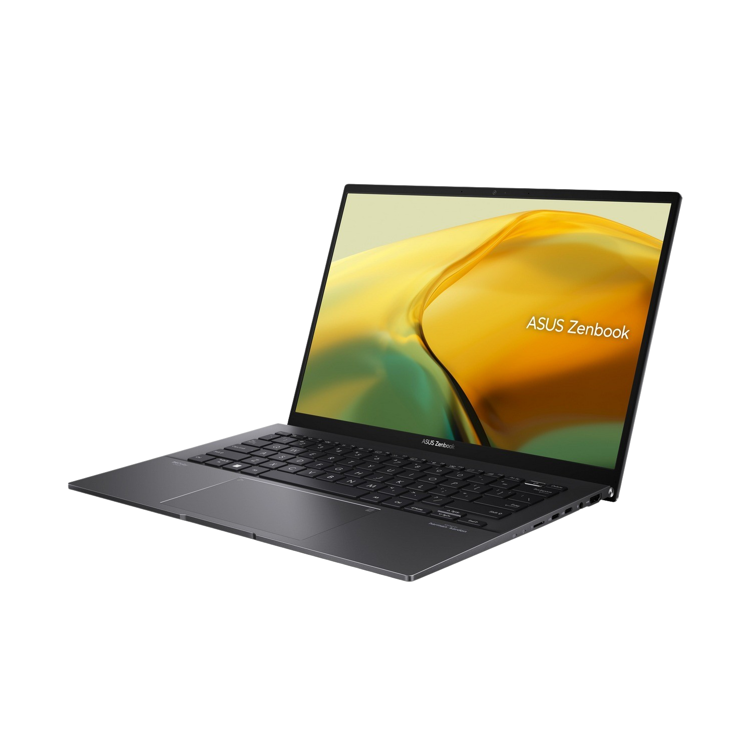Donkergrijze ASUS Zenbook laptop, open op een oppervlak. Goudkleurig beeldscherm.