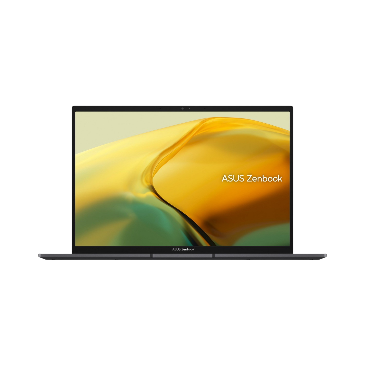Een ASUS Zenbook laptop met het scherm open, met een gele en witte achtergrond. De merknaam is zichtbaar.