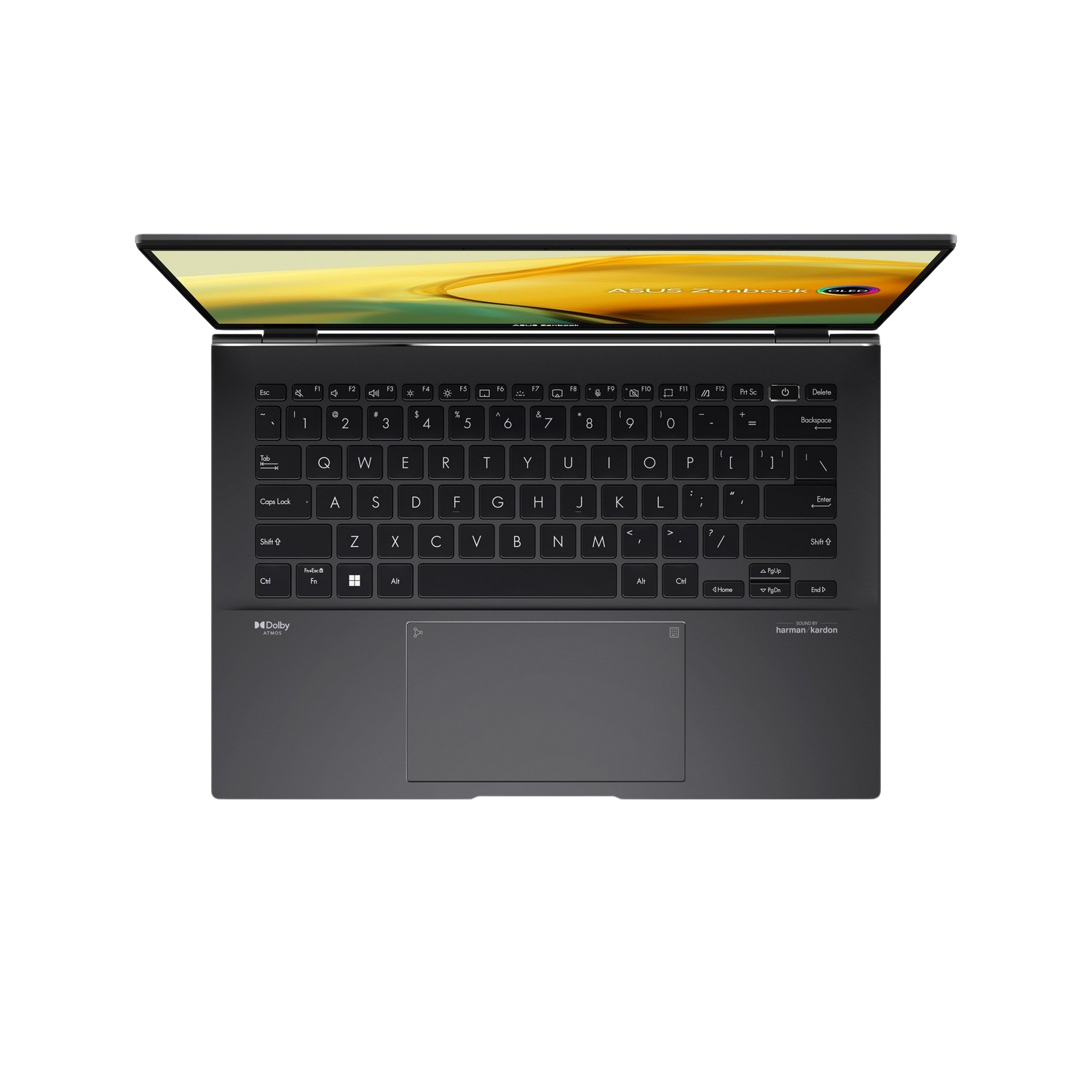 Een zwarte laptop met het scherm open. Het toetsenbord is zichtbaar en de laptop heeft een touchpad.