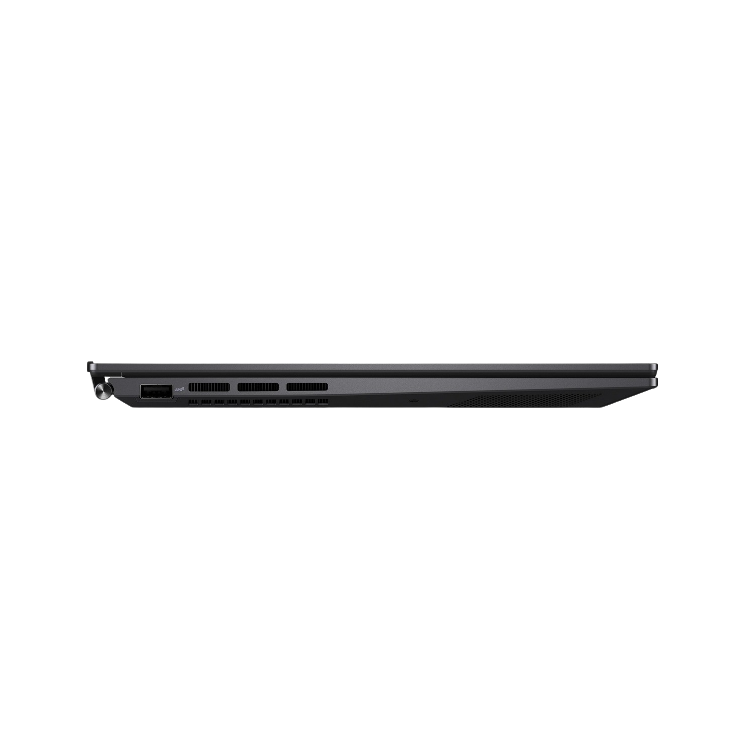 Zijaanzicht van een gesloten, donkergrijze laptop met verschillende poorten zichtbaar aan de linkerkant.