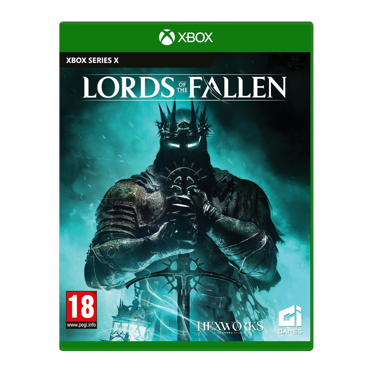 Xbox game cover voor Lords of the Fallen, met een donkere ridder op een besneeuwde achtergrond.