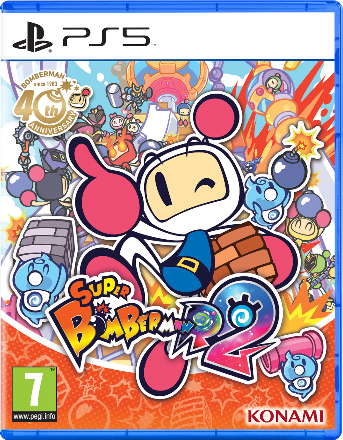 Couverture du jeu Super Bomberman R 2 PS5. Un personnage Bomberman blanc est au premier plan, entouré d'autres personnages.