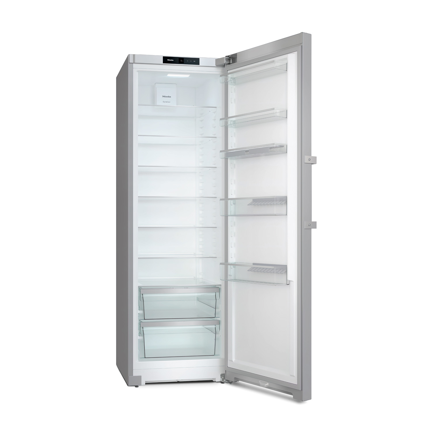 Un frigorifero in acciaio inossidabile con la porta aperta, che mostra ripiani e cassetti all'interno.