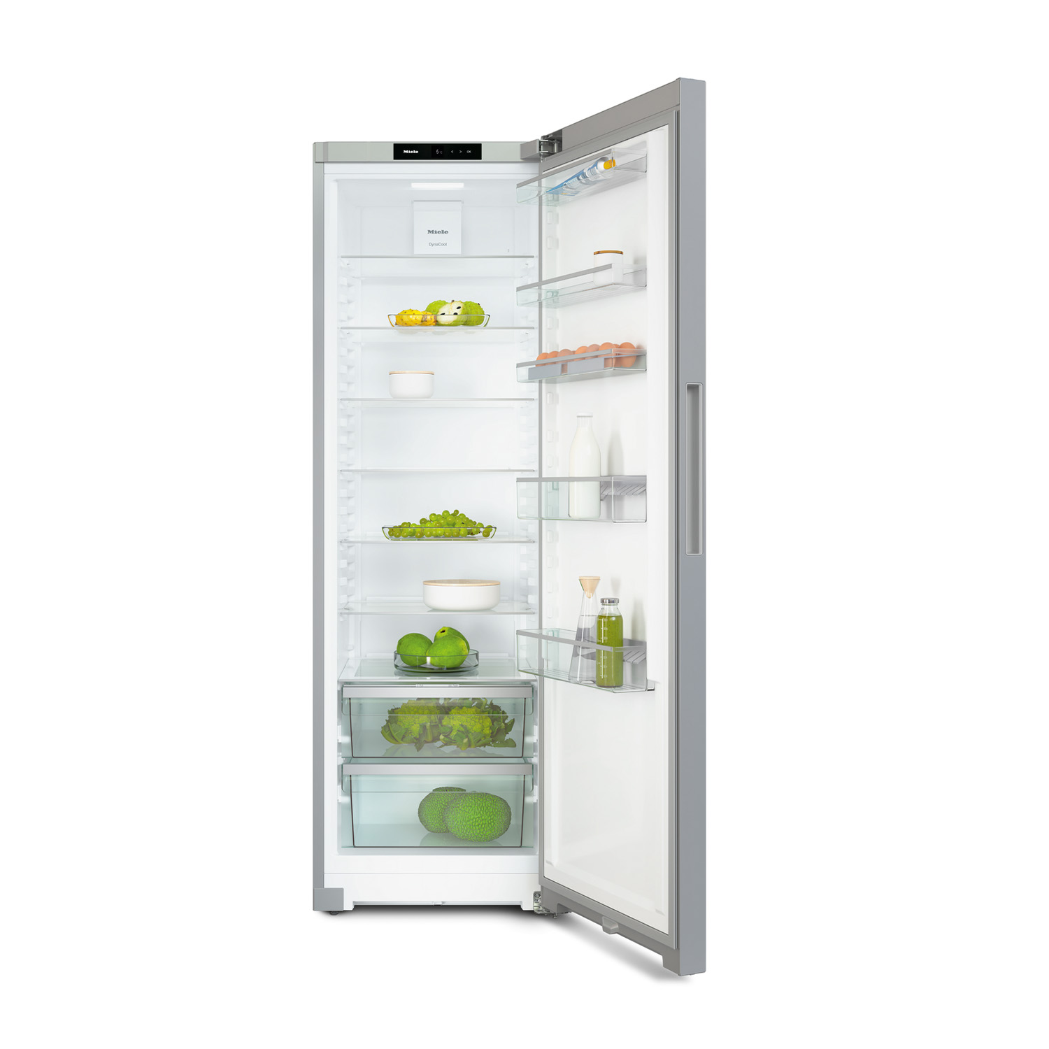 Frigorifero con porta aperta, ripiani e cibo visibile.