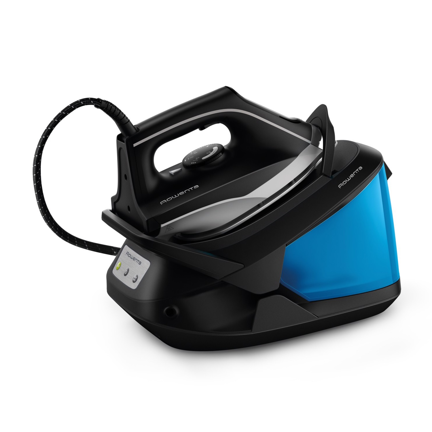 Un ferro da stiro a vapore nero e blu con un serbatoio dell'acqua su sfondo bianco.