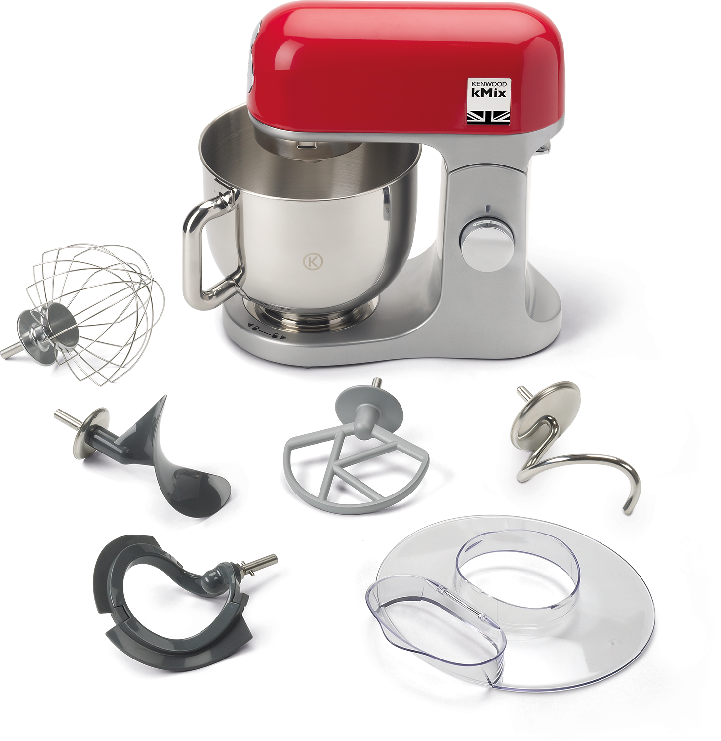 Rode Kenwood Kmix mixer met diverse hulpstukken eromheen.