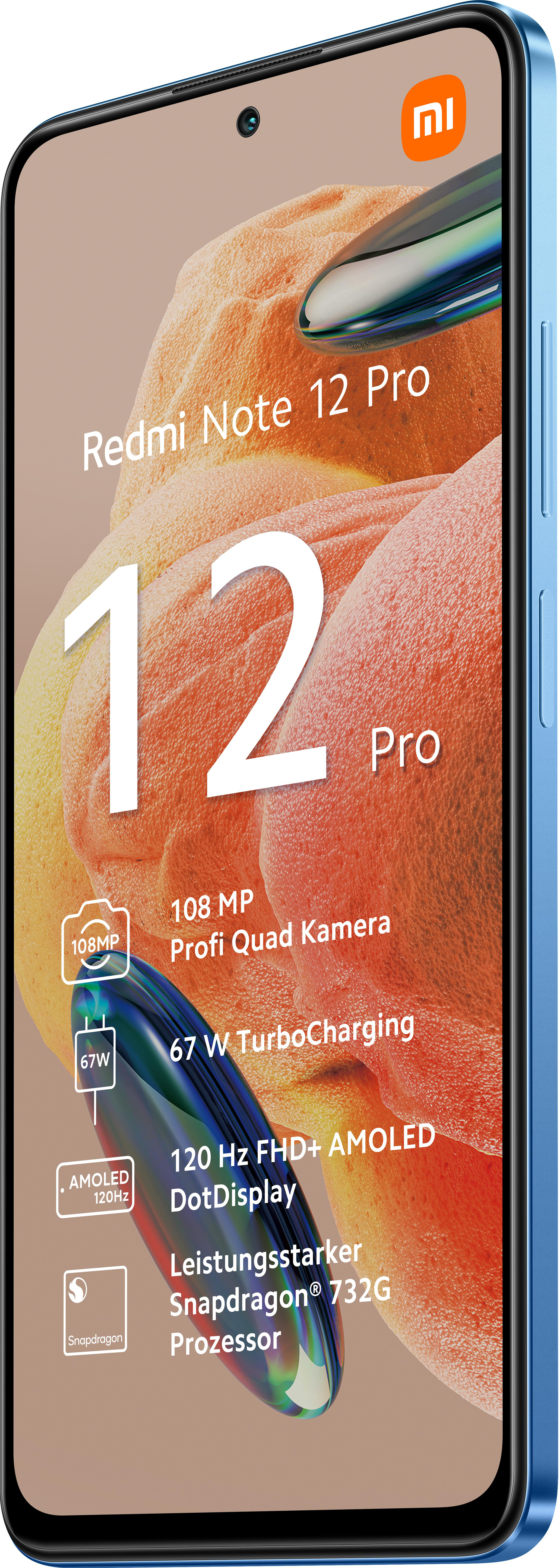 Ein blaues Smartphone mit Kamera und Textbezeichnungen zu den Funktionen.