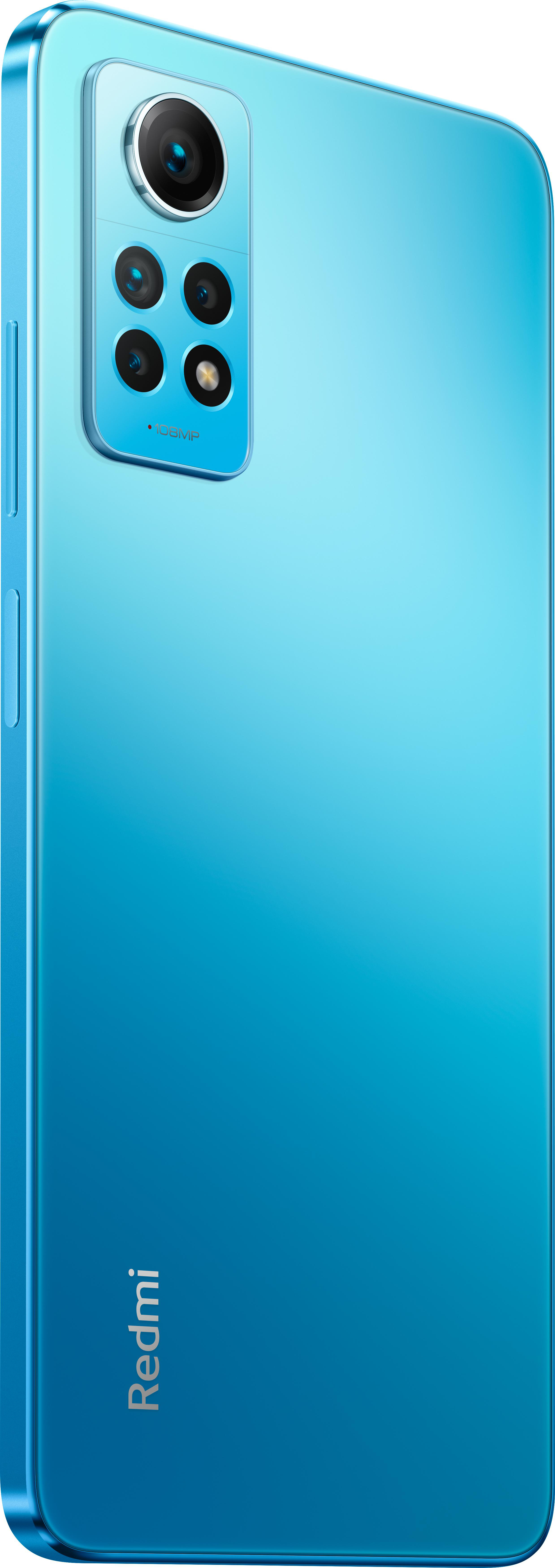 Ein blaues Redmi-Smartphone auf der Seite, das die Kameraanordnung und das Redmi-Logo zeigt.
