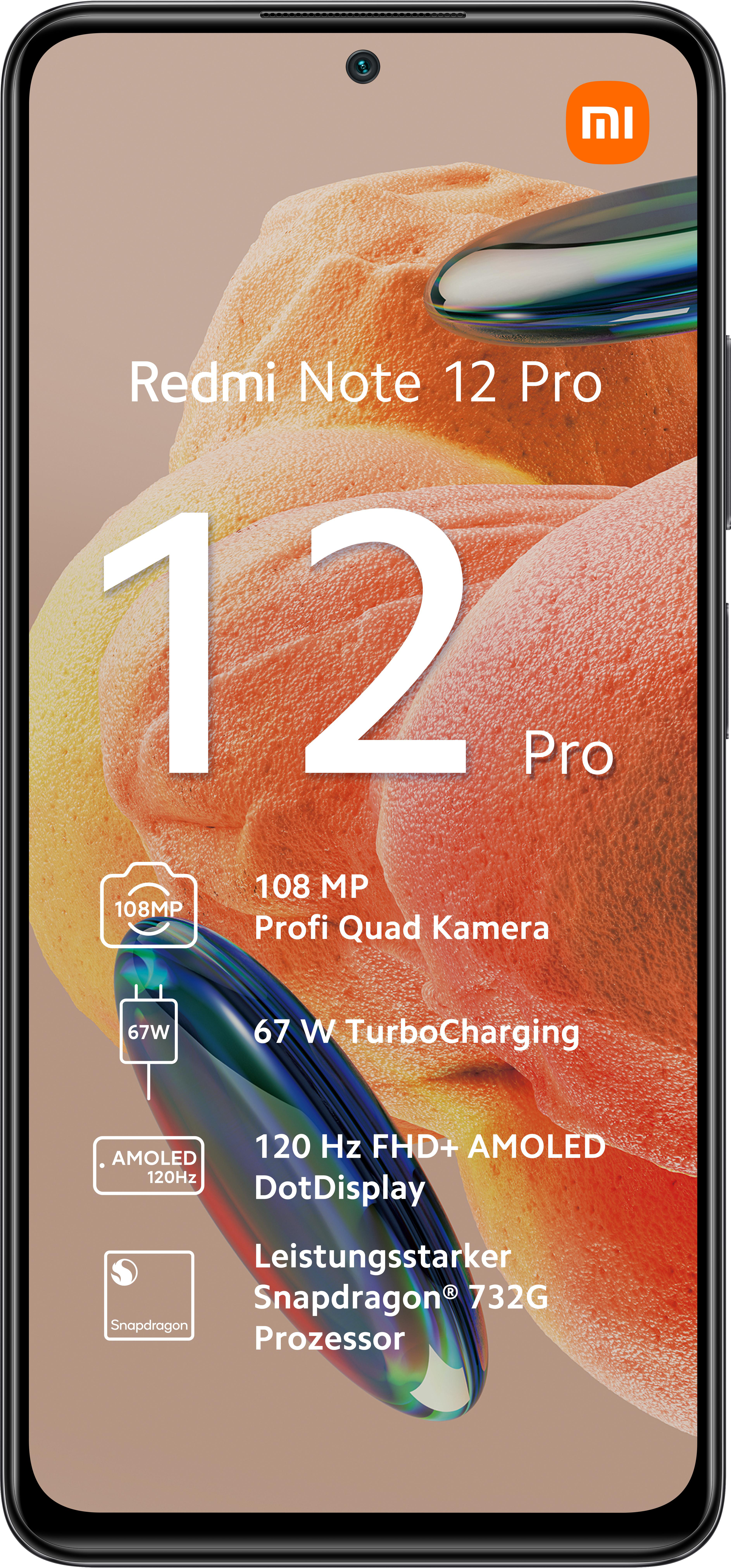 Schwarzes Smartphone mit der Aufschrift '12 Pro' und weißen Textmerkmalen.