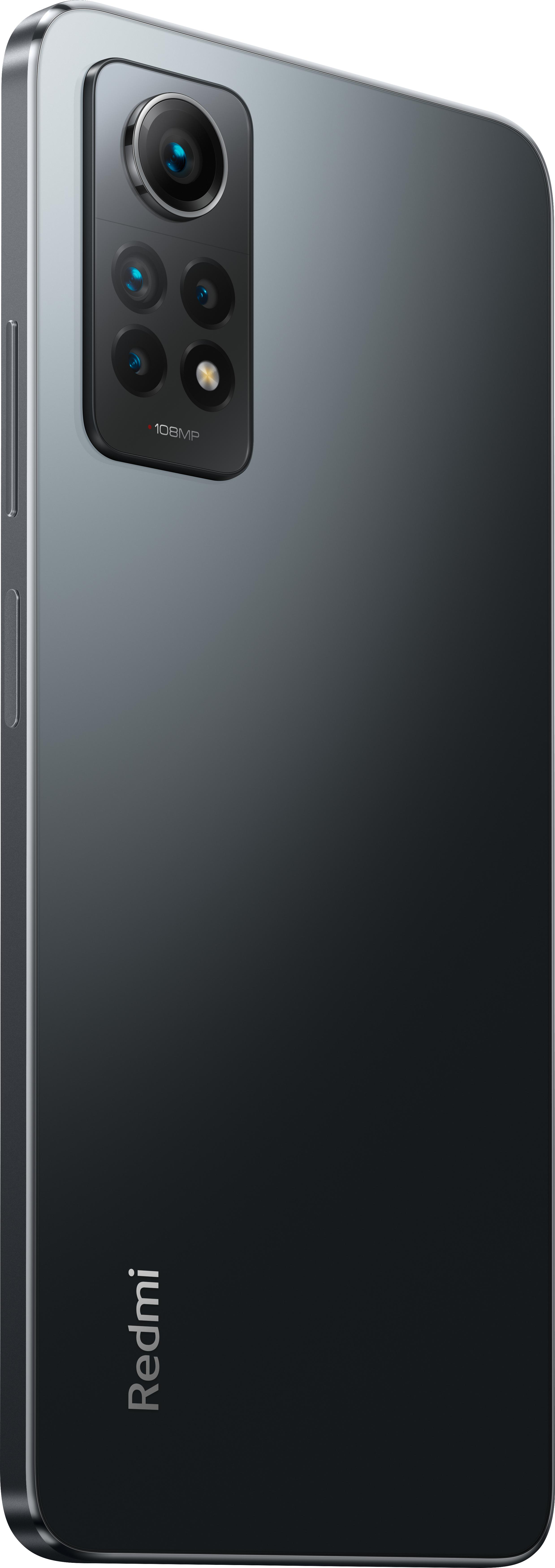 Dunkelgraues Smartphone mit Kamera. Das Telefon hat ein rechteckiges Kameramodul mit mehreren Objektiven.