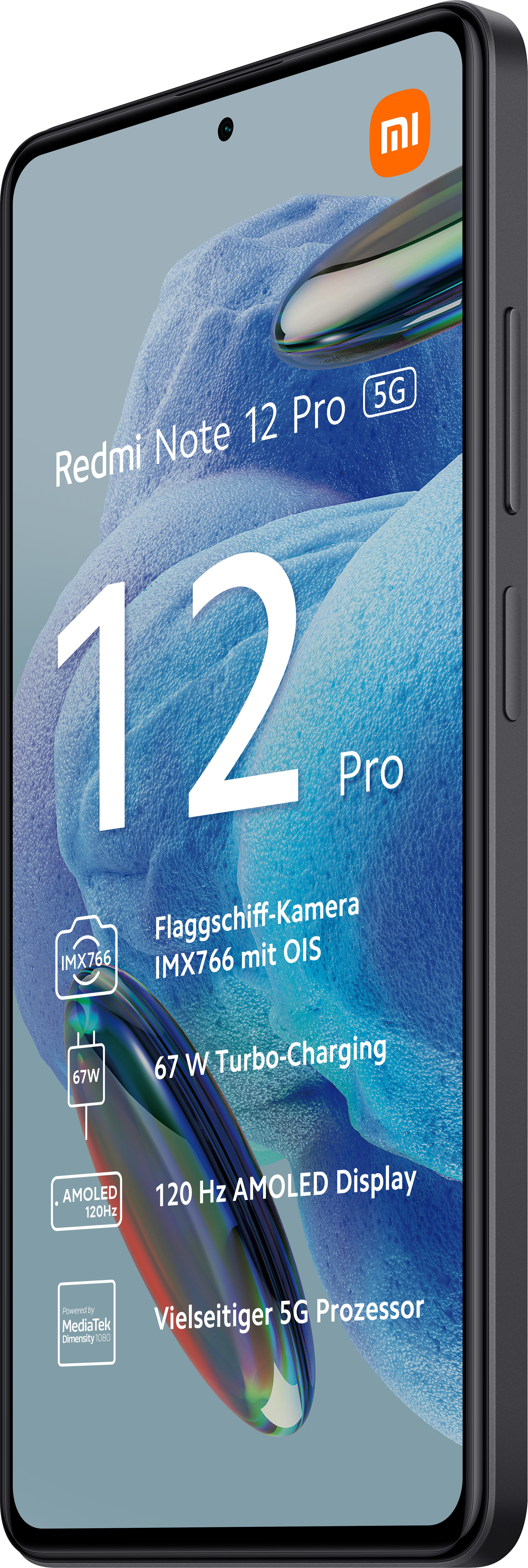Redmi Note 12 Pro 5G Smartphone, schwarz, zeigt den Bildschirm mit Funktionen.