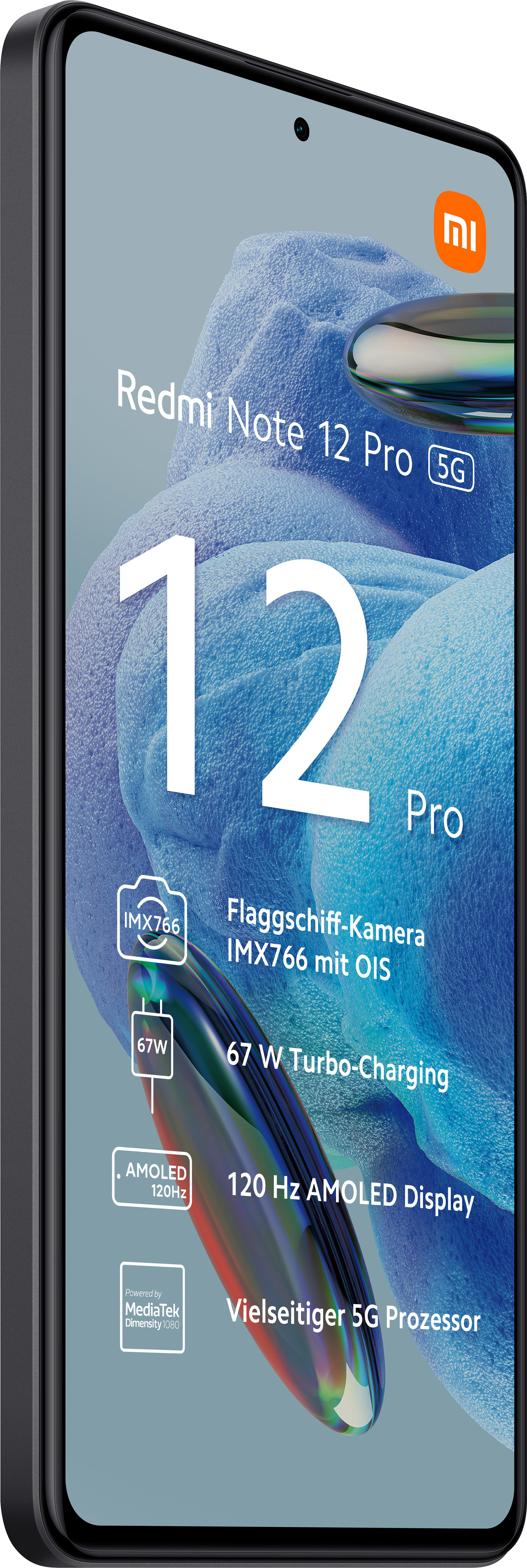 Ein Smartphone mit Bildschirm, der Text und Grafiken zeigt, mit Kamera und schwarzem Rahmen.