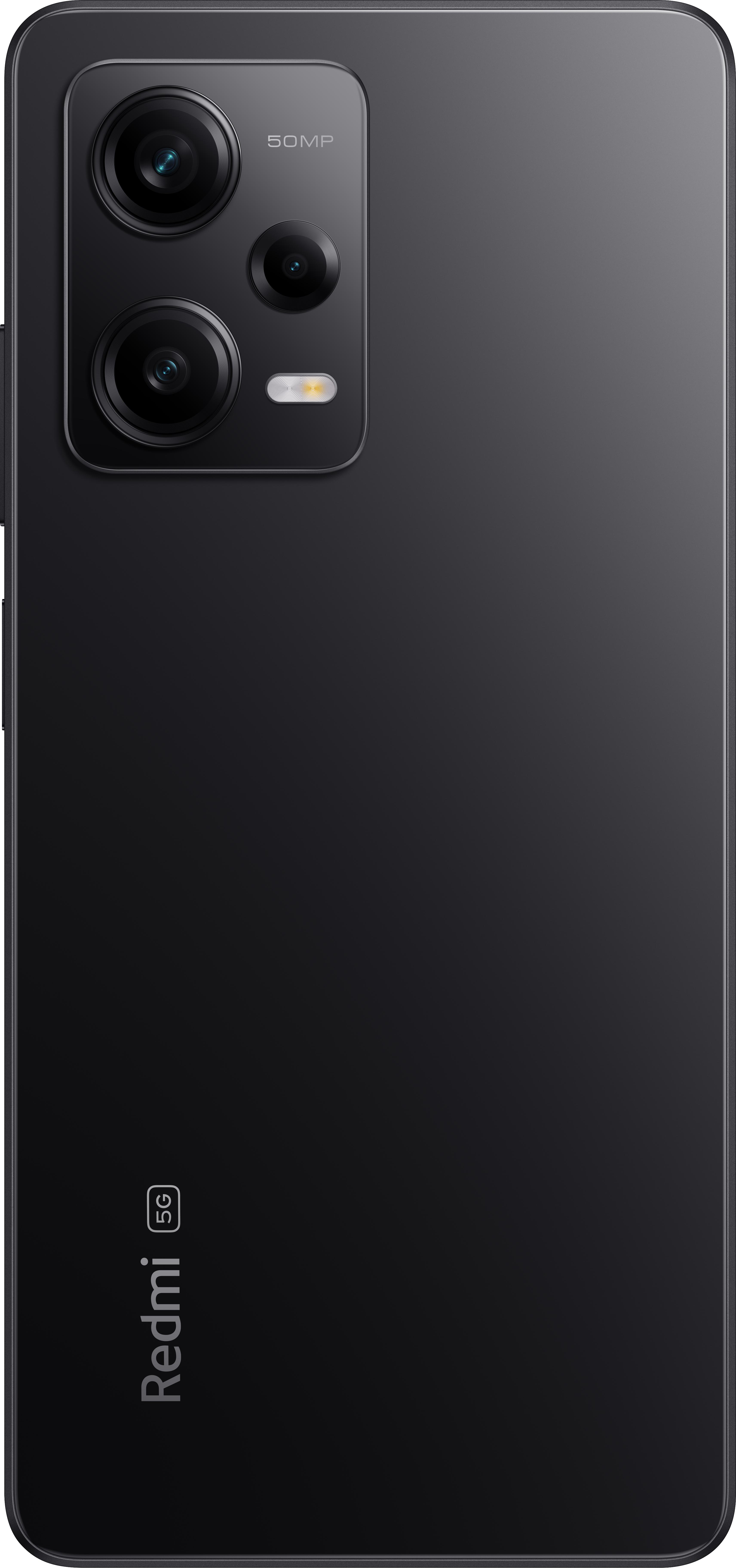 Schwarze Smartphone-Rückseite. Drei Kameras sind sichtbar, mit Redmi-Logo und 5G-Markierung.