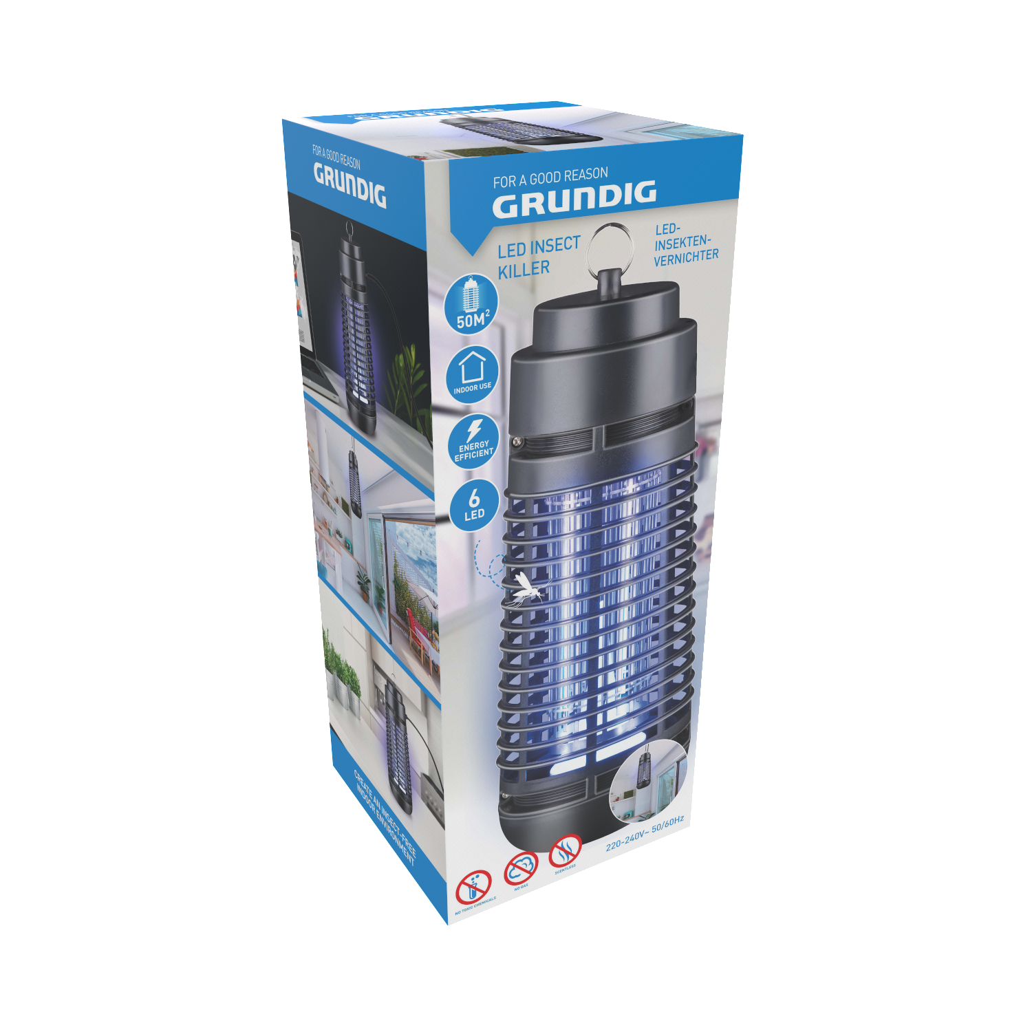 Eine Grundig LED-Insektenvernichter-Box mit detaillierter Ansicht.