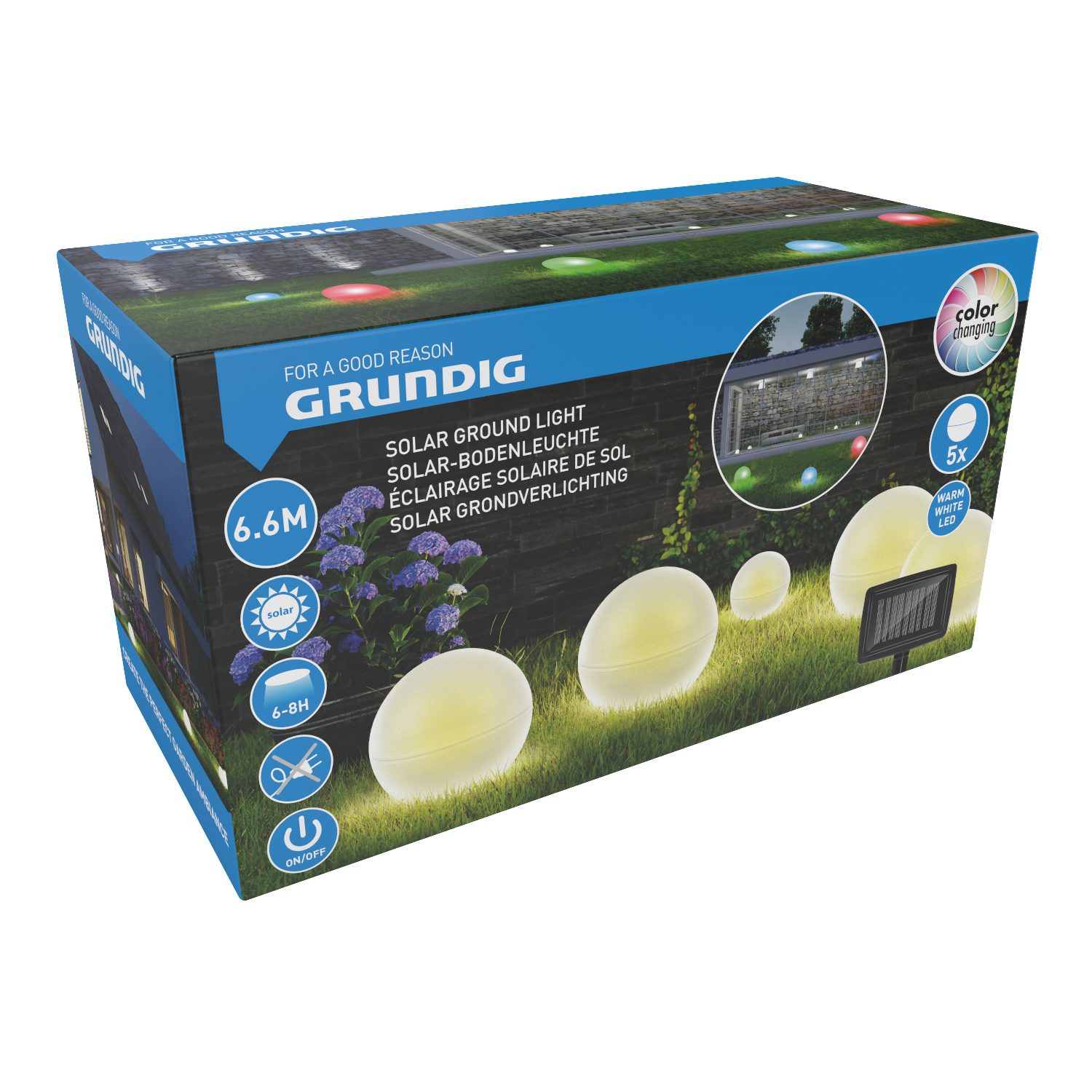 Eine Grundig Solar-Bodenlichtbox mit Produktbeschreibung und einigen Lichtern.