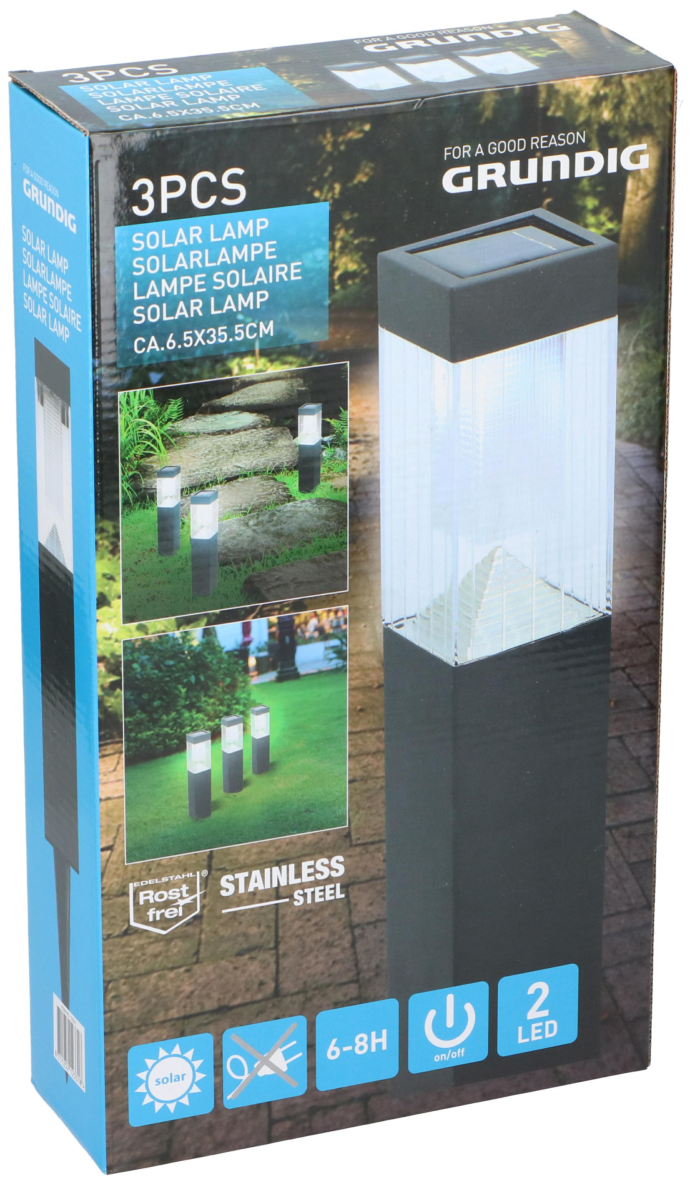 Solarleuchten-Box, mit Bildern von Lampen im Garten. Die Box ist schwarz mit weißem Text.