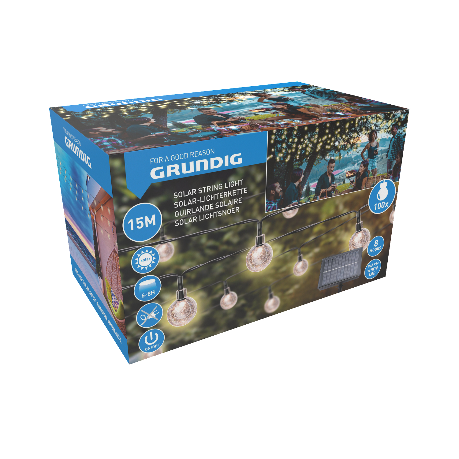 Karton mit Solar-Lichterketten; Produktinformationen. Personengruppe im Hintergrund.