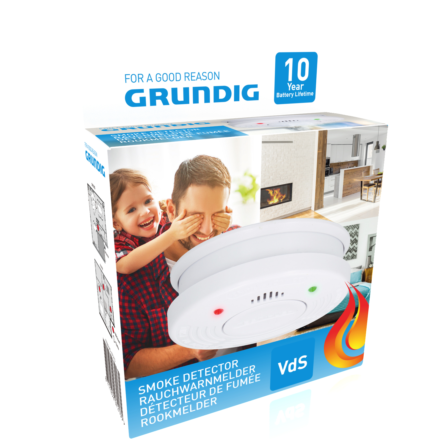 Rauchmelderbox mit Kind, das die Augen eines Mannes bedeckt, und Rauchmelder.