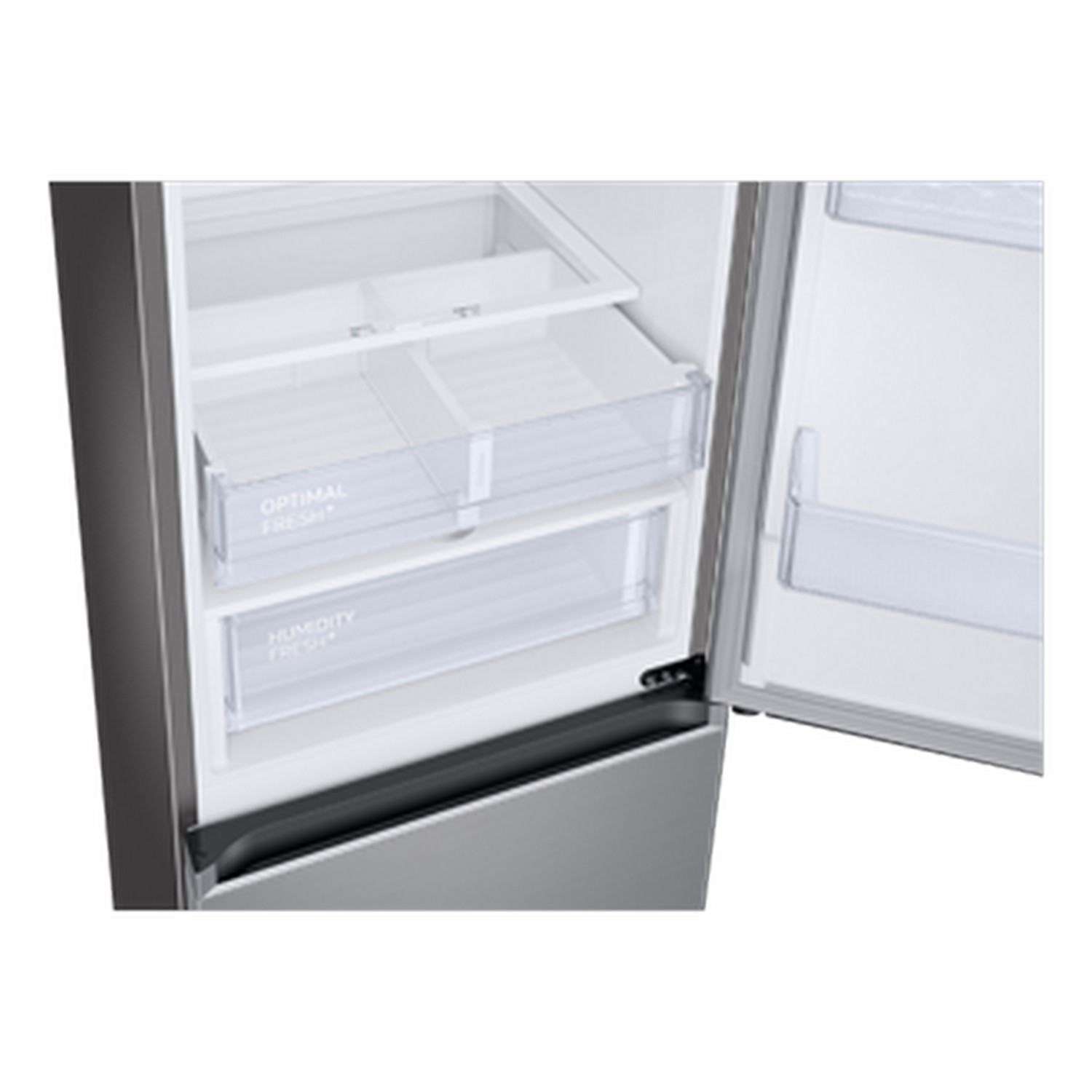 Interieur van een koelkast met open lades, met de Optimal Fresh en Humidity Fresh compartimenten.