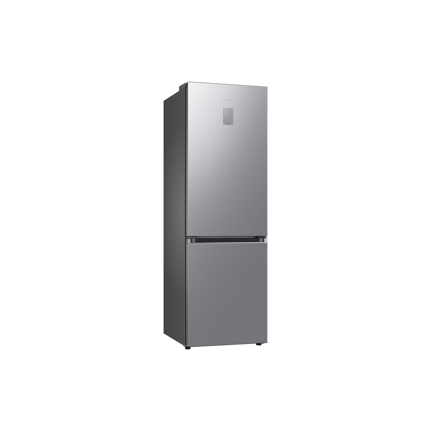 Zilveren koelkast met twee deuren, modern design, op een witte achtergrond.