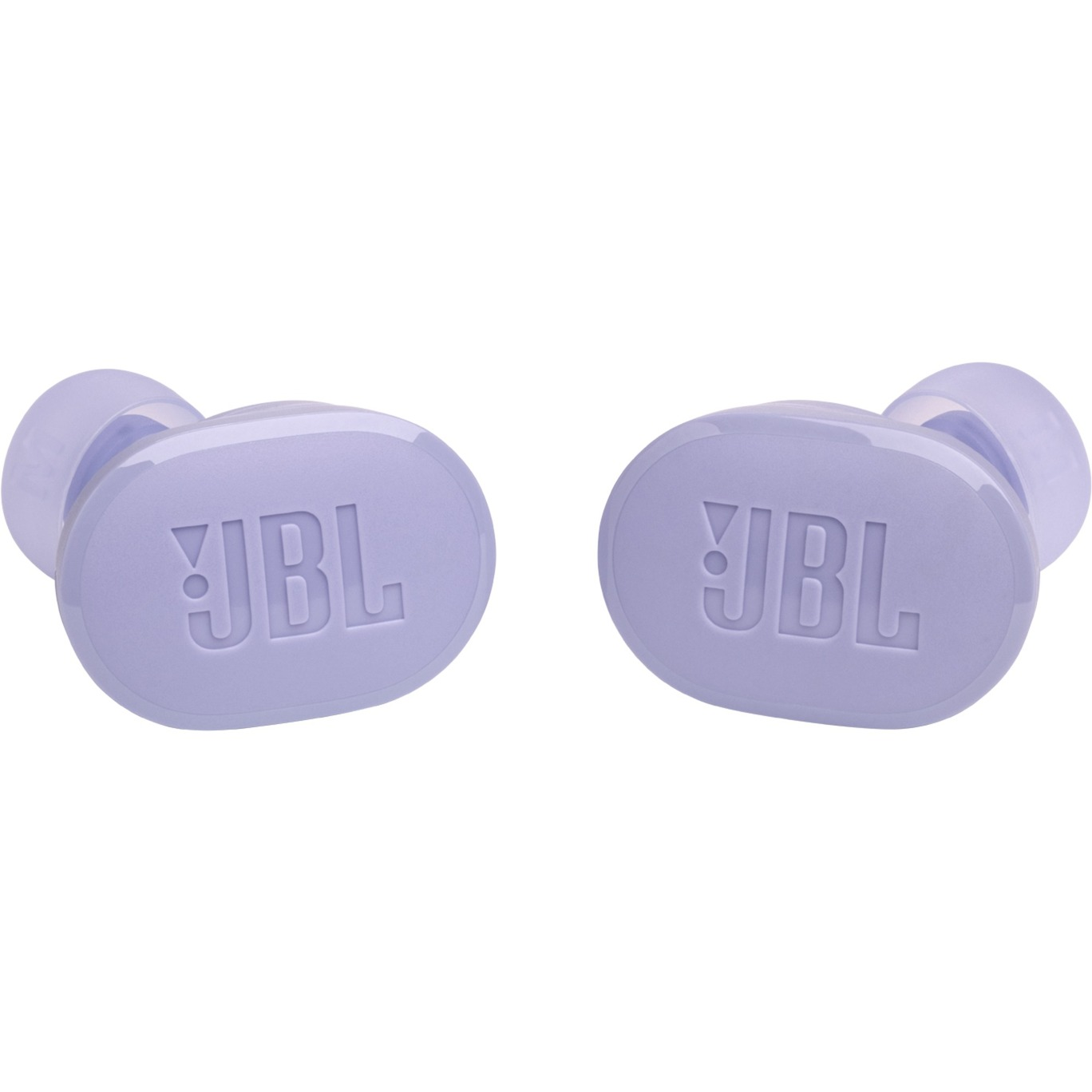 Dos auriculares JBL lavanda sobre fondo blanco. Cada uno tiene 'JBL' en relieve.