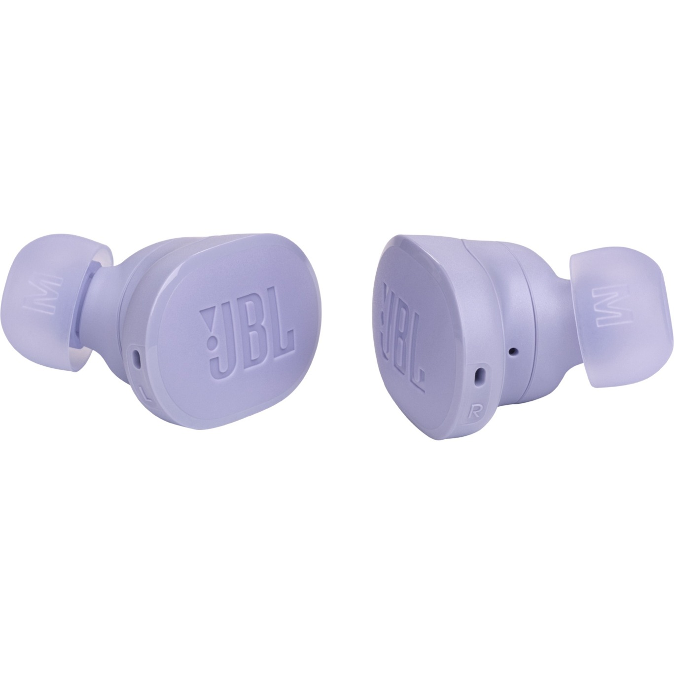 Dos auriculares JBL lavanda. Cada auricular tiene una punta curvada y la marca JBL.