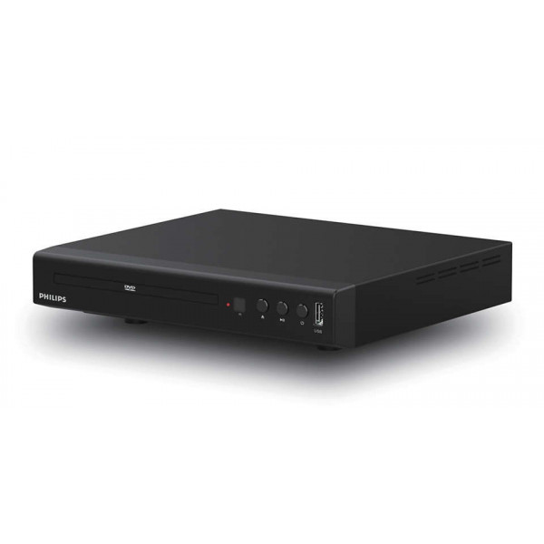 Un reproductor de DVD Philips negro con puerto USB y botones de control sobre fondo blanco.