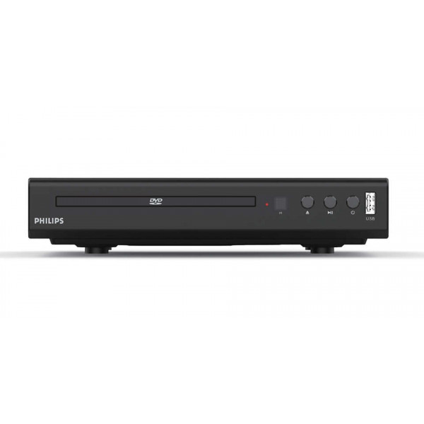 Un reproductor de DVD negro. Tiene una bandeja de disco, botones y un puerto USB. Tiene el logotipo de Philips.