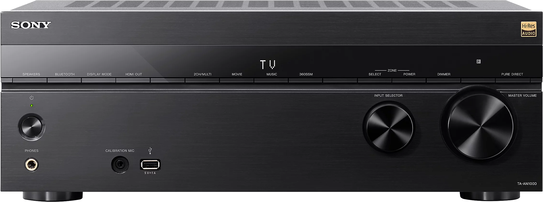 Schwarzer Sony AV-Receiver mit verschiedenen Eingangs- und Ausgangsoptionen und einem Master-Lautstärkeregler.