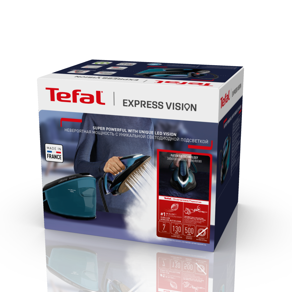 Egy Tefal Express Vision vasaló doboza. A doboz a vasalót mutatja egy nőt használva.