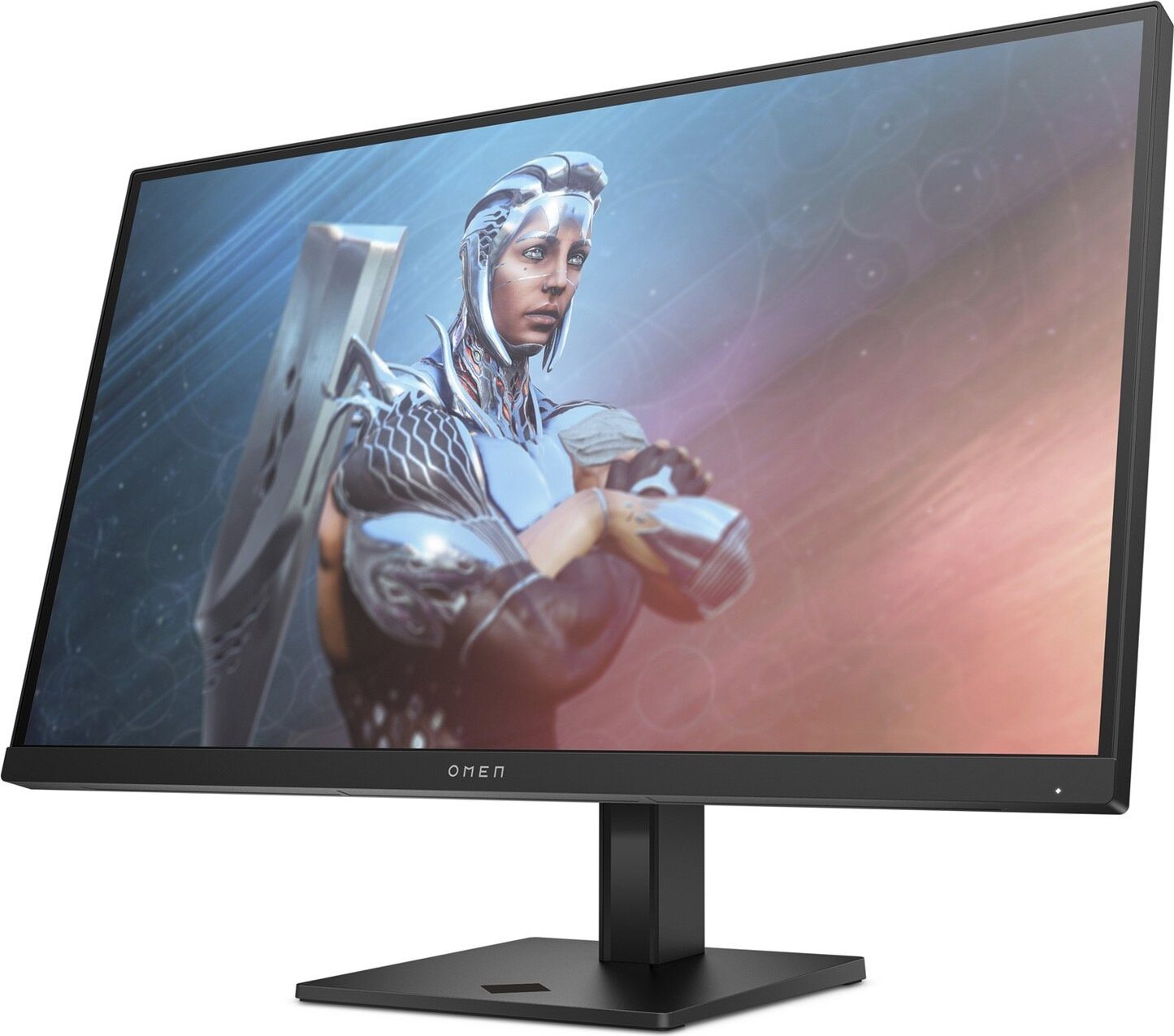 Un monitor de ordenador grande que muestra a una mujer con armadura plateada y una espada, visible el logo OMEN.