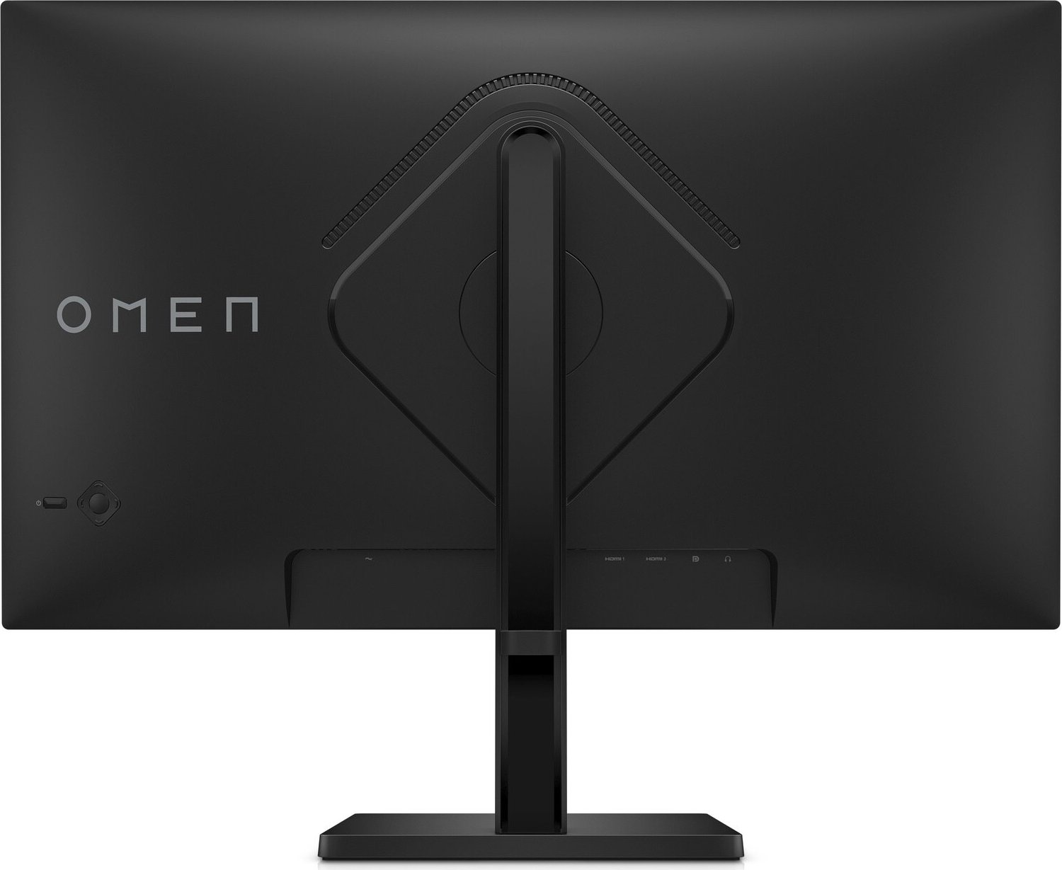 La parte trasera de un monitor de ordenador negro con la marca OMEN y un soporte robusto.