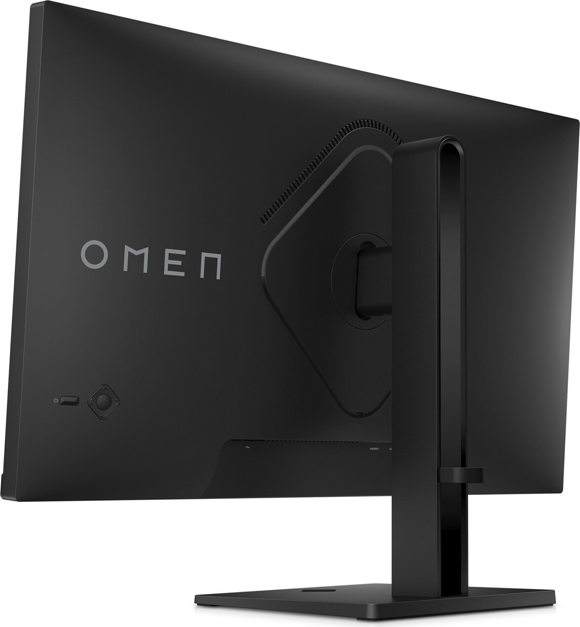 Monitor de computadora OMEN negro desde atrás con el logotipo visible.