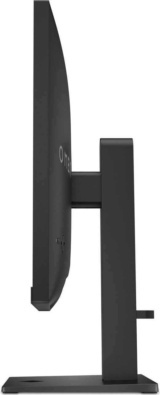 Una vista lateral de un monitor de computadora negro con un soporte. Tiene la palabra OMEN en él.