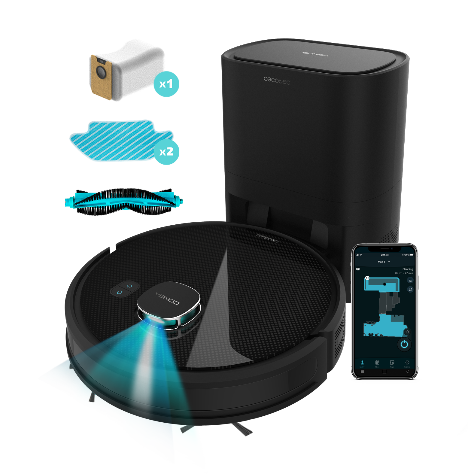 Aspiradora robot con accesorios, teléfono que muestra el mapa. Blanco y negro.