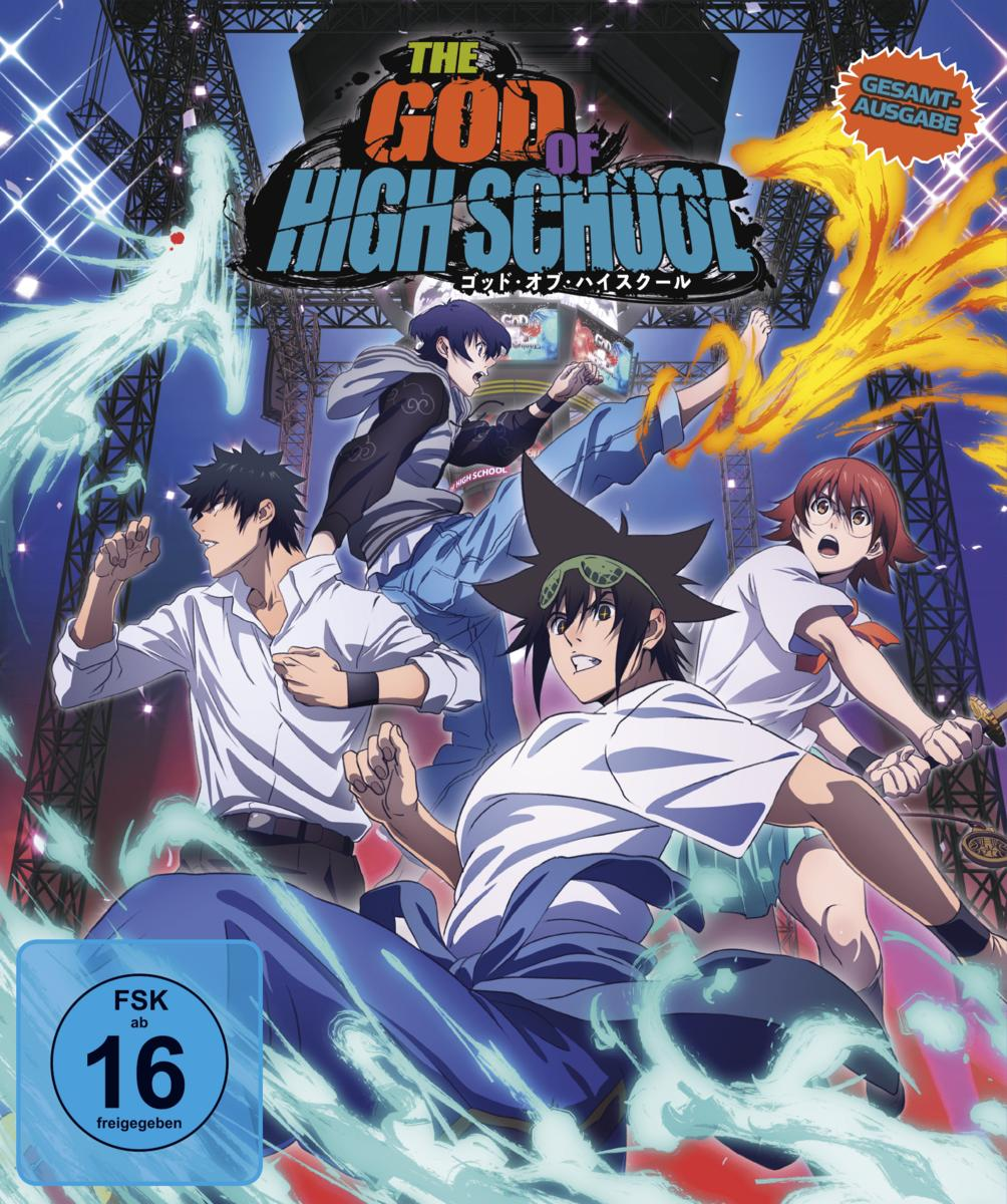 The God of High School Anime-Cover. Eine Gruppe von Charakteren in dynamischen Posen, kämpfend. Lebendige Farben.