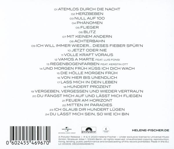 Ein CD-Cover mit einer Titelliste auf Deutsch. Das Cover ist weiß mit schwarzem Text.