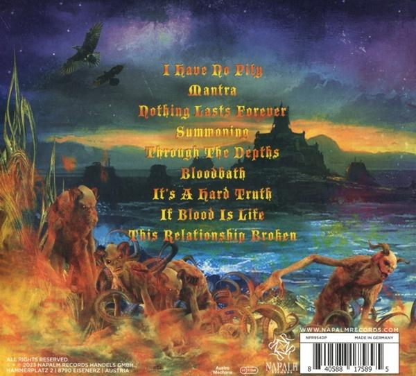 Albumcover: surreale Szene mit Dämonen, Feuer und Text mit Songtiteln.