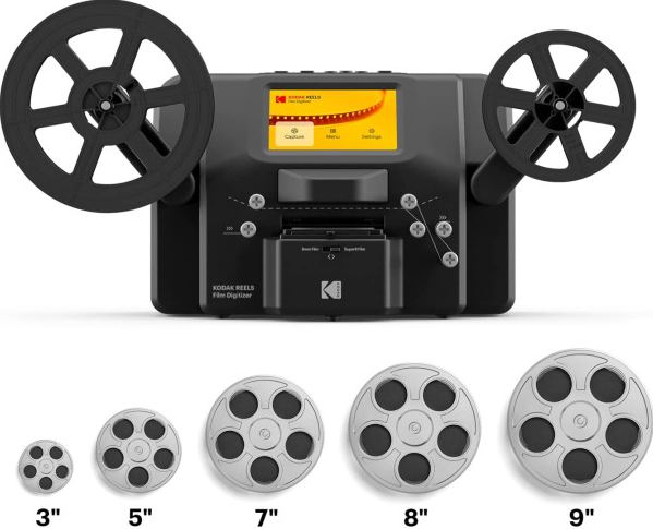 Numériseur de films avec bobines, montrant différentes tailles de bobines de film 35 mm.