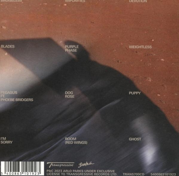 Pochette d'album avec titres de chansons et image floue. Nuances de marron et de noir, texte en haut.
