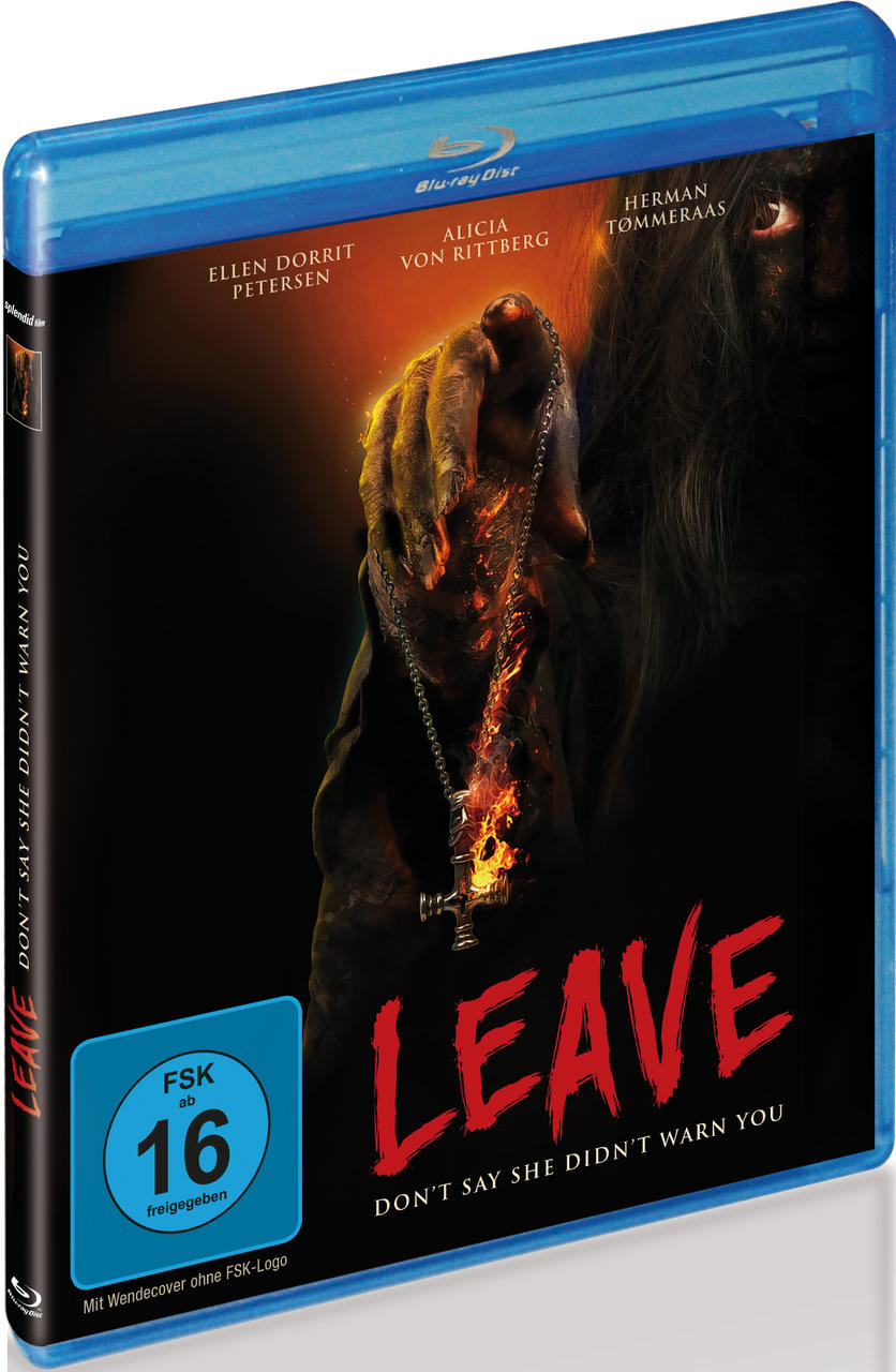 Blu-ray-Filmhülle mit dunklem Bild einer Hand, die ein Kreuz über Feuer hält. Text auf dem Cover.